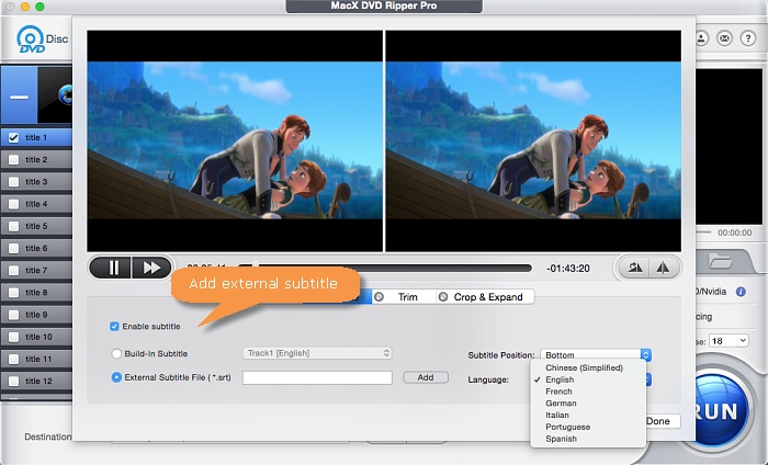 Окно добавления внешних SRT-субтитров в MacX DVD Ripper Pro
