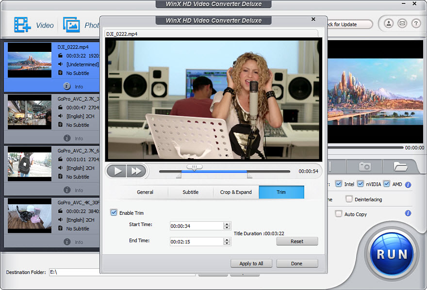 Окно Trim в WinX HD Video Converter Deluxe с выбором начала и конца фрагмента