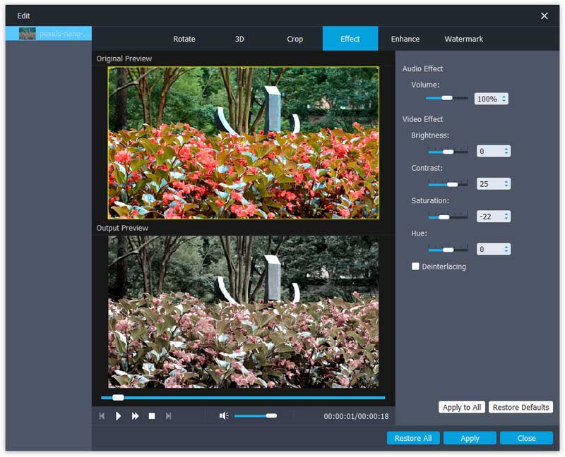 Вкладка Effect Aiseesoft Video Enhancer с яркостью, контрастом, насыщенностью, оттенком и громкостью
