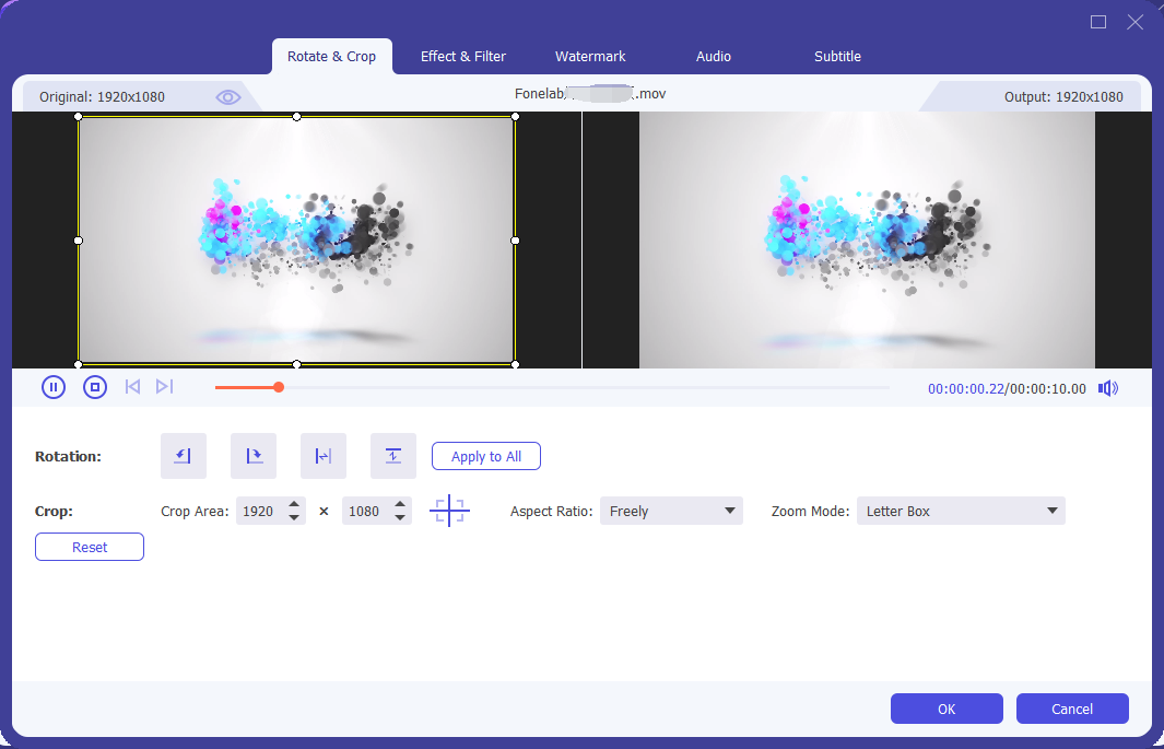 Окно редактирования FoneLab Video Converter Ultimate с вкладками Rotate and Crop, Effect and Filter, Watermark, Audio и Subtitle