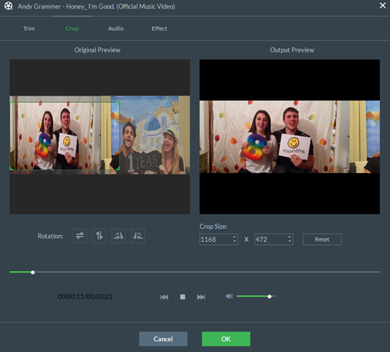 Окно Crop в Gihosoft Free Video Converter с Original Preview и Output Preview