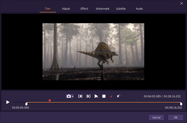Окно редактирования TunesKit Video Converter с вкладками Trim, Adjust, Effect, Watermark, Subtitle и Audio