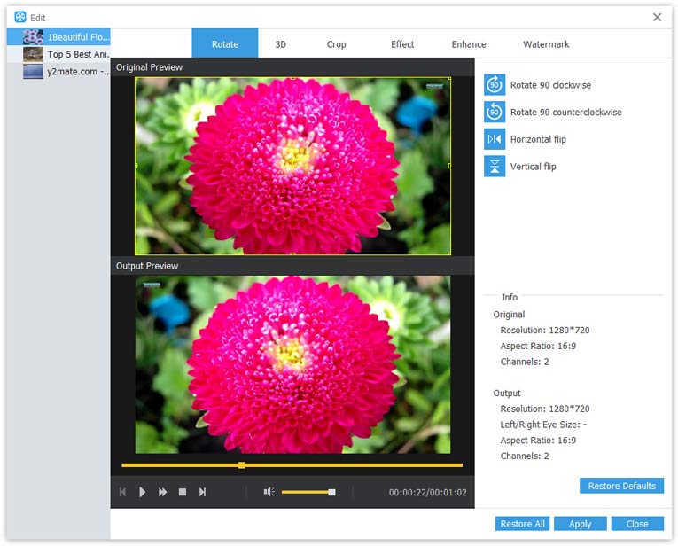 Окно редактирования AnyMP4 Video Converter с вкладками Rotate, 3D, Crop, Effect, Enhance и Watermark