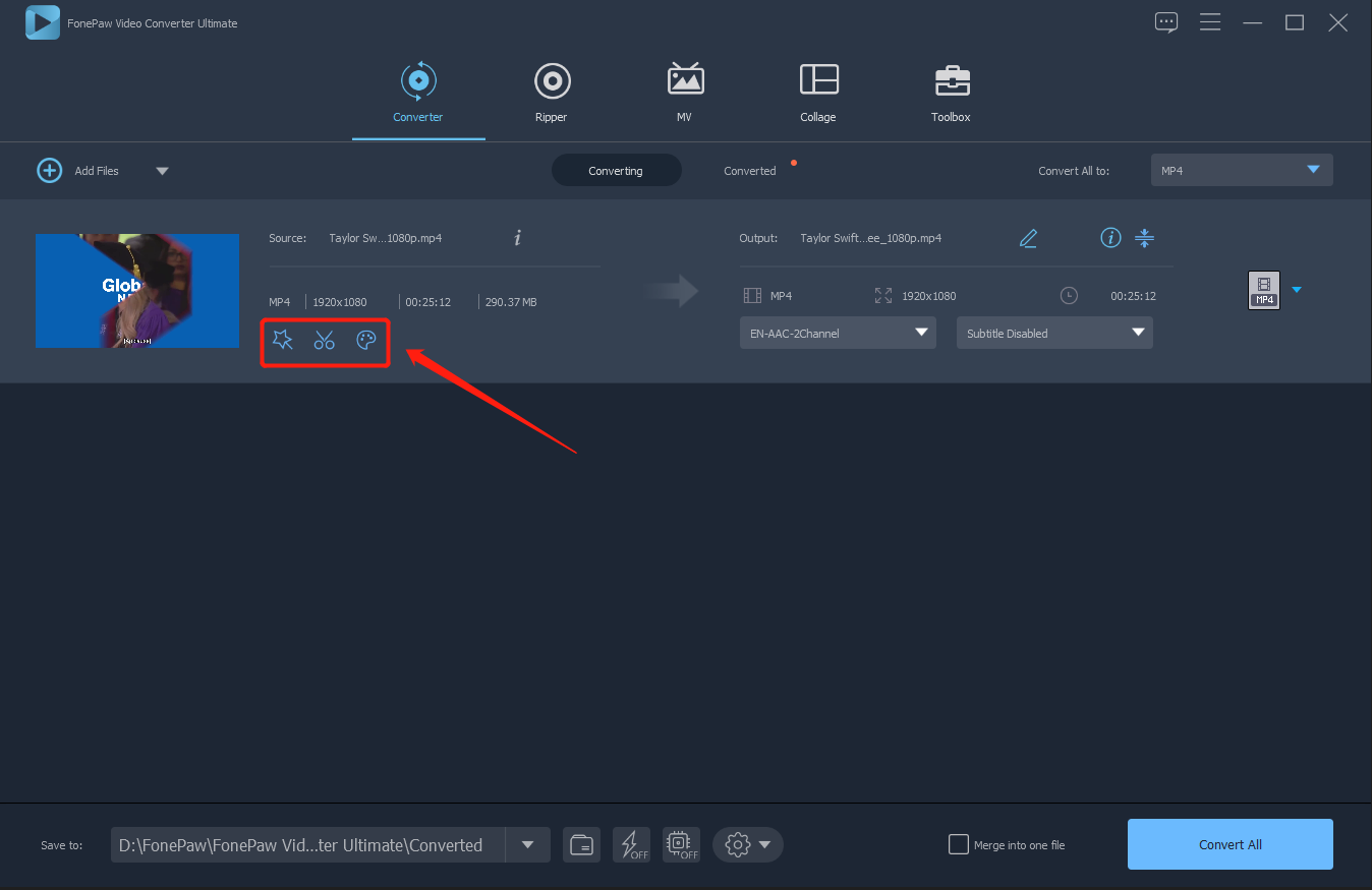 Переход к редактированию видео в FonePaw Video Converter Ultimate