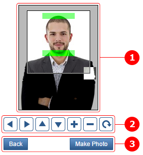 Мобильный интерфейс IDPhoto4You с кнопками перемещения, масштаба, поворота и Make Photo