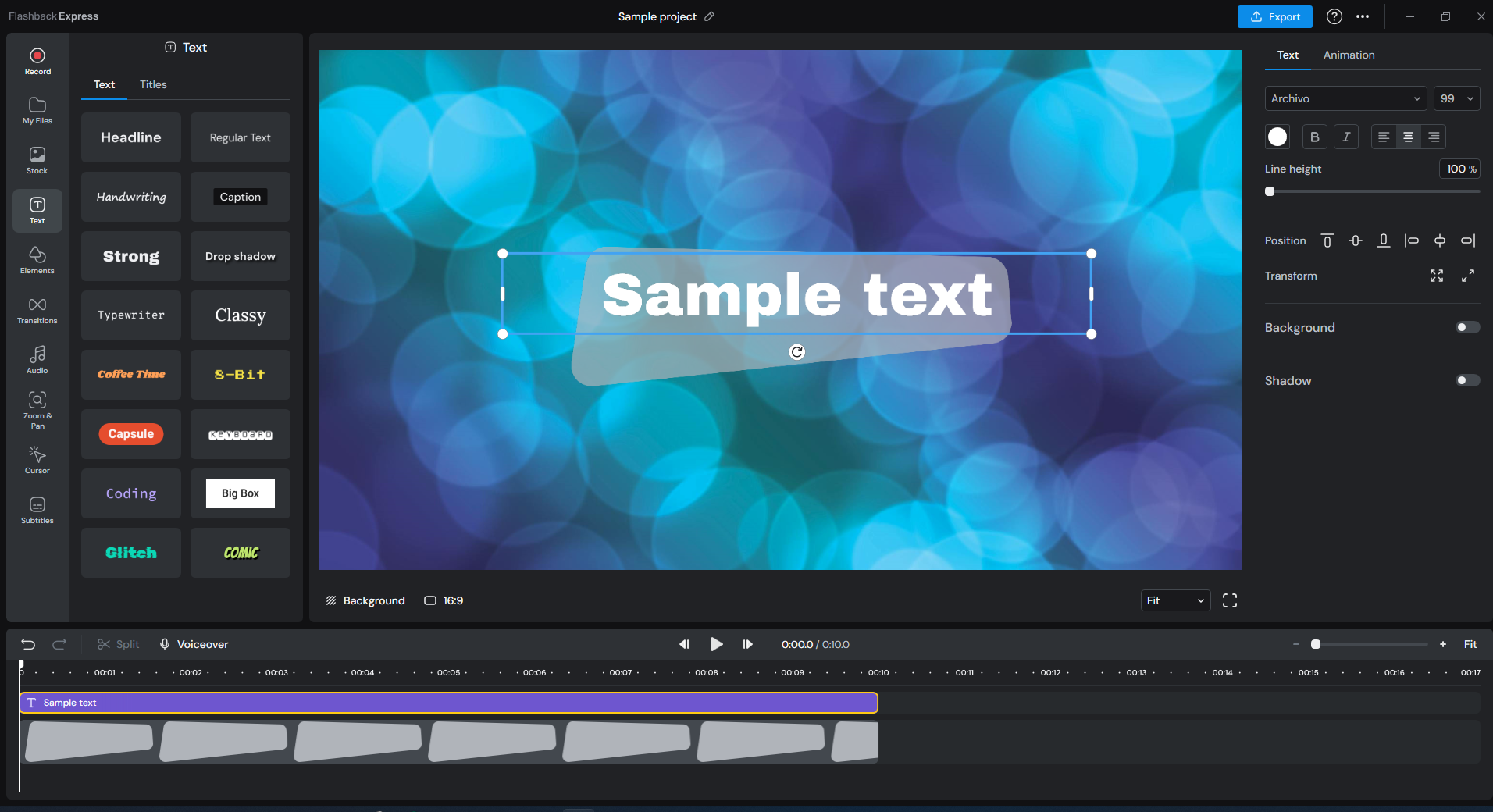 Project Editor FlashBack Express 7 с Media Panel, Video Canvas, Style Panel и Timeline