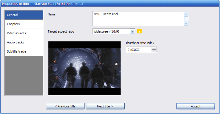 Окно свойств титула DVD Flick с разделами General, Chapters, Video sources, Audio tracks и Subtitle tracks