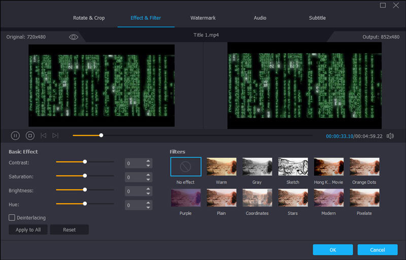 Панель Effect and Filter в Vidmore Video Converter с яркостью, контрастом, насыщенностью и фильтрами