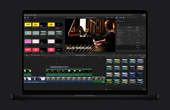 Final Cut Pro на Mac с браузером титров, Viewer, Inspector и Magnetic Timeline