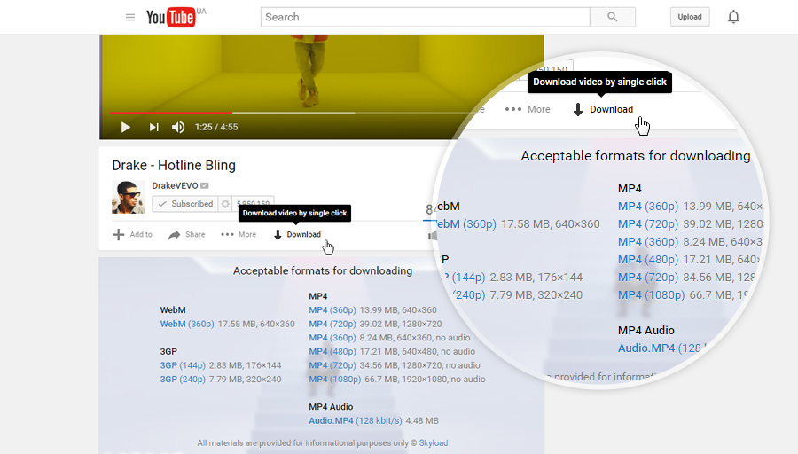 Панель Skyload под видео YouTube со списком доступных форматов и разрешений