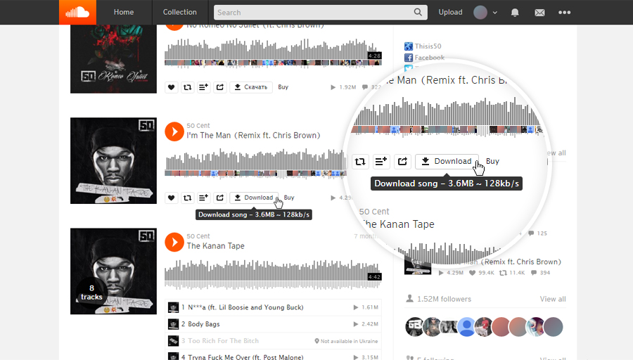 Кнопка Download от Skyload рядом с треком SoundCloud