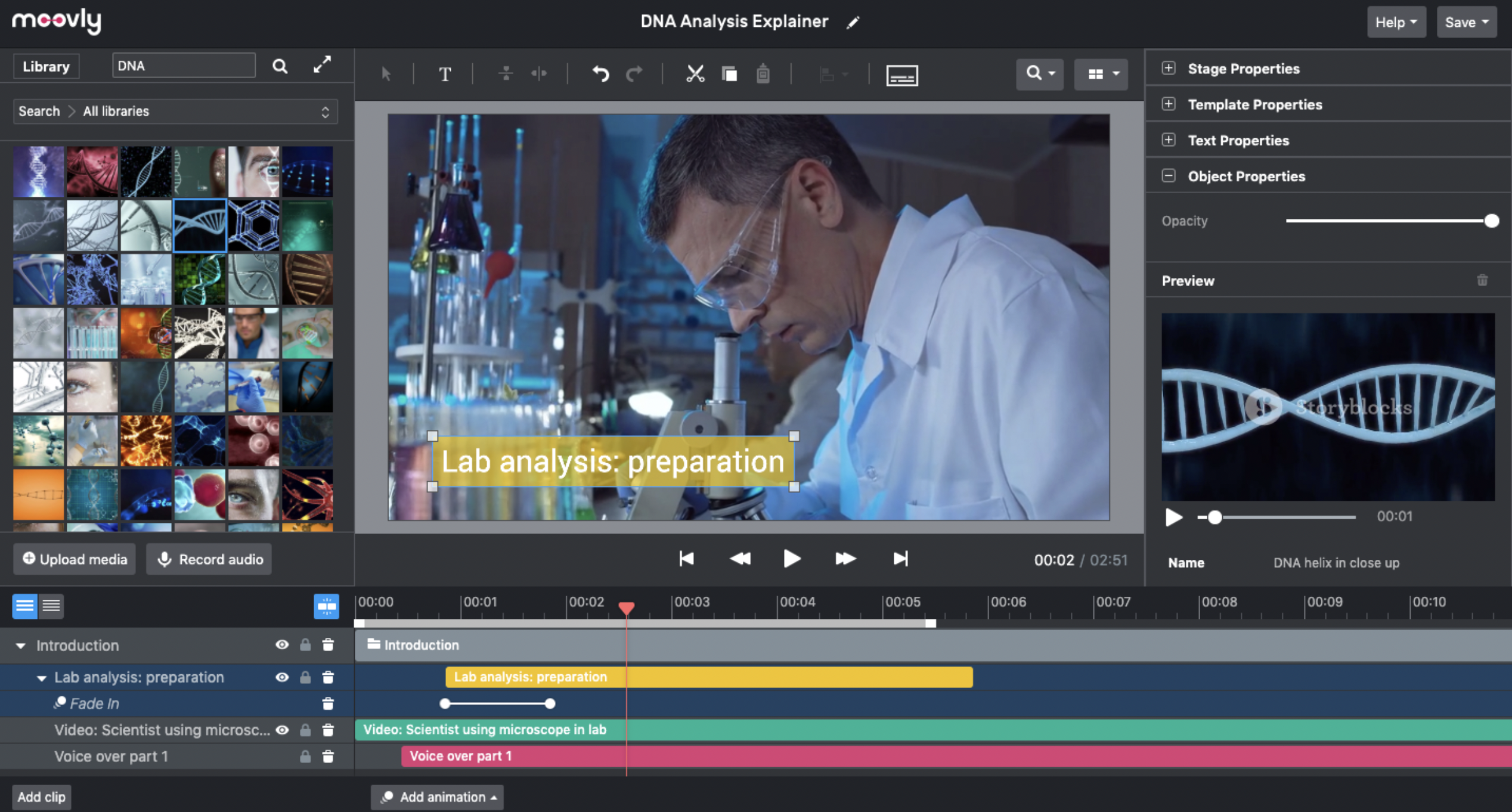 Moovly Studio с библиотекой стоковых материалов, Stage, панелью свойств и Timeline