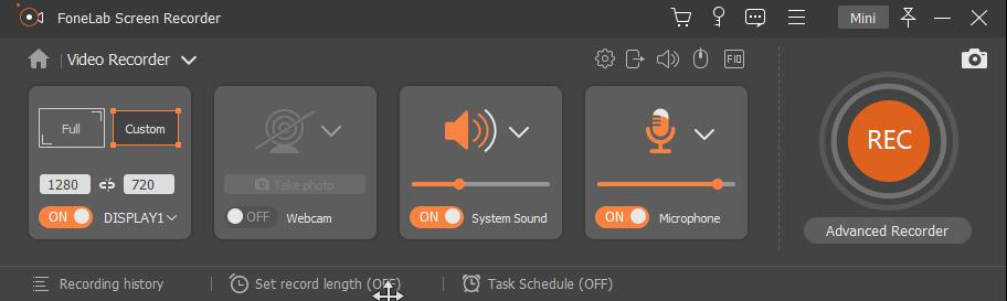 Режим Video Recorder с выбором области, веб-камерой, системным звуком и микрофоном