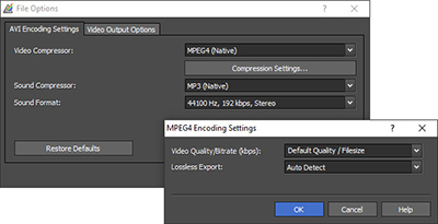 Окна параметров кодирования AVI и MPEG4 в Prism