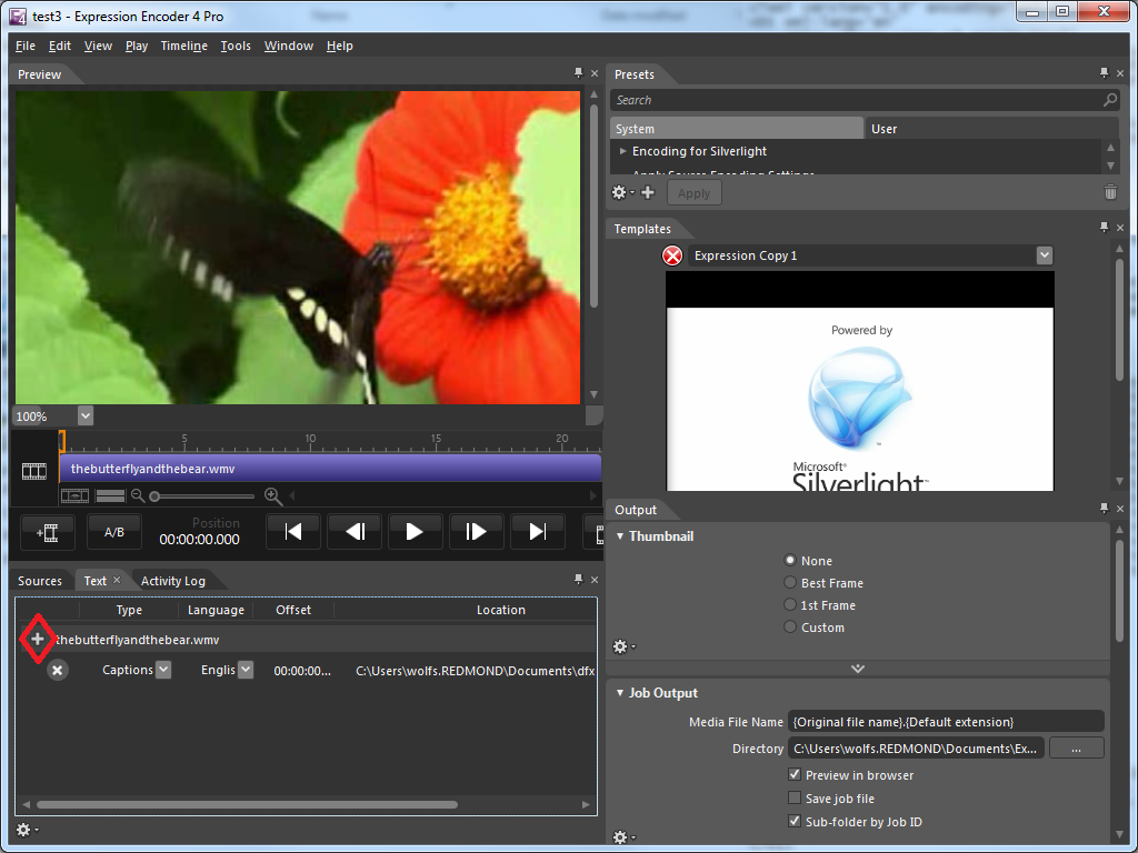 Интерфейс Microsoft Expression Encoder 4 Pro с окном предпросмотра, пресетами, шаблонами и временной шкалой