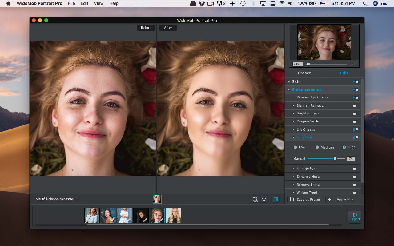 WidsMob Portrait Pro с раскрытой группой Enhancements и инструментом Slim Face