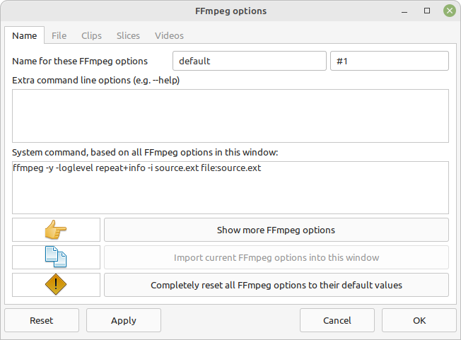 Окно FFmpeg options в Tartube с полем командных параметров и вкладками Clips, Slices и Videos