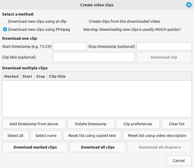 Диалог Create video clips в Tartube с выбором метода и таблицей таймкодов
