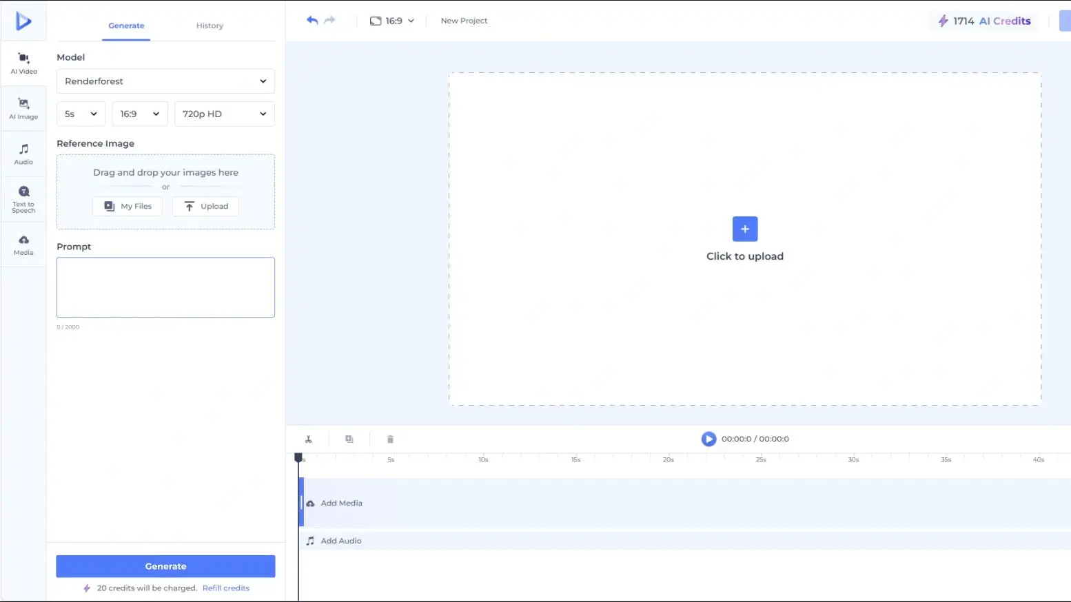 Рабочее пространство Renderforest с настройками генерации и временной шкалой