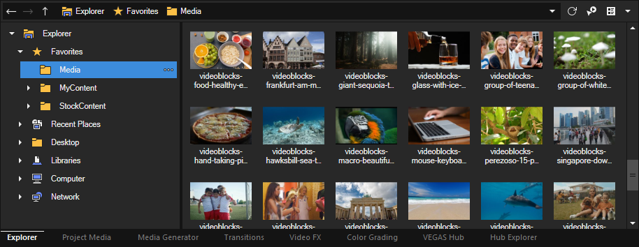 Панель Explorer в Vegas Pro 2026 с папками и миниатюрами медиафайлов