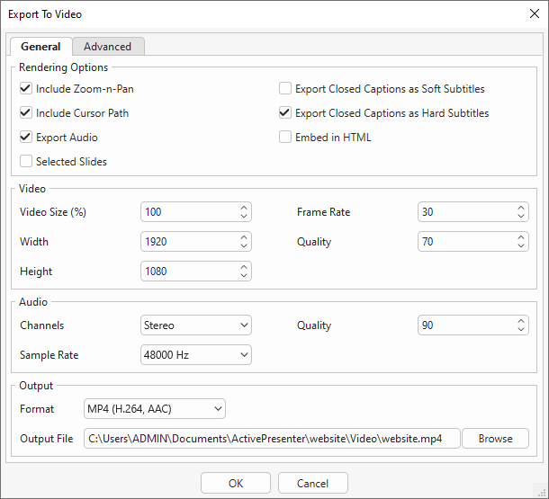 Диалог Export To Video в ActivePresenter 10 с параметрами качества, частоты кадров, звука и формата