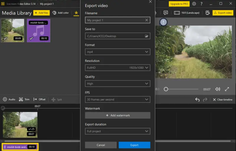 Окно Export video в Icecream Video Editor с параметрами формата, разрешения, качества, FPS и водяного знака