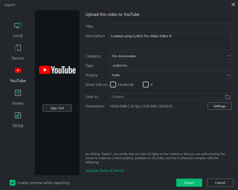 Окно экспорта LUXEA Pro Video Editor 8 на YouTube с настройками названия, приватности и параметров видео
