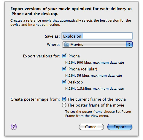 QuickTime Pro 7: историческое окно Export for Web с вариантами iPhone и Desktop