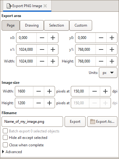 Диалог экспорта PNG в Inkscape с выбором области, размера изображения и имени файла