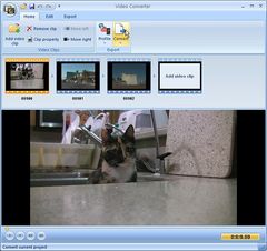 Архивный скриншот Extensoft Free Video Converter с миниатюрами клипов и окном просмотра