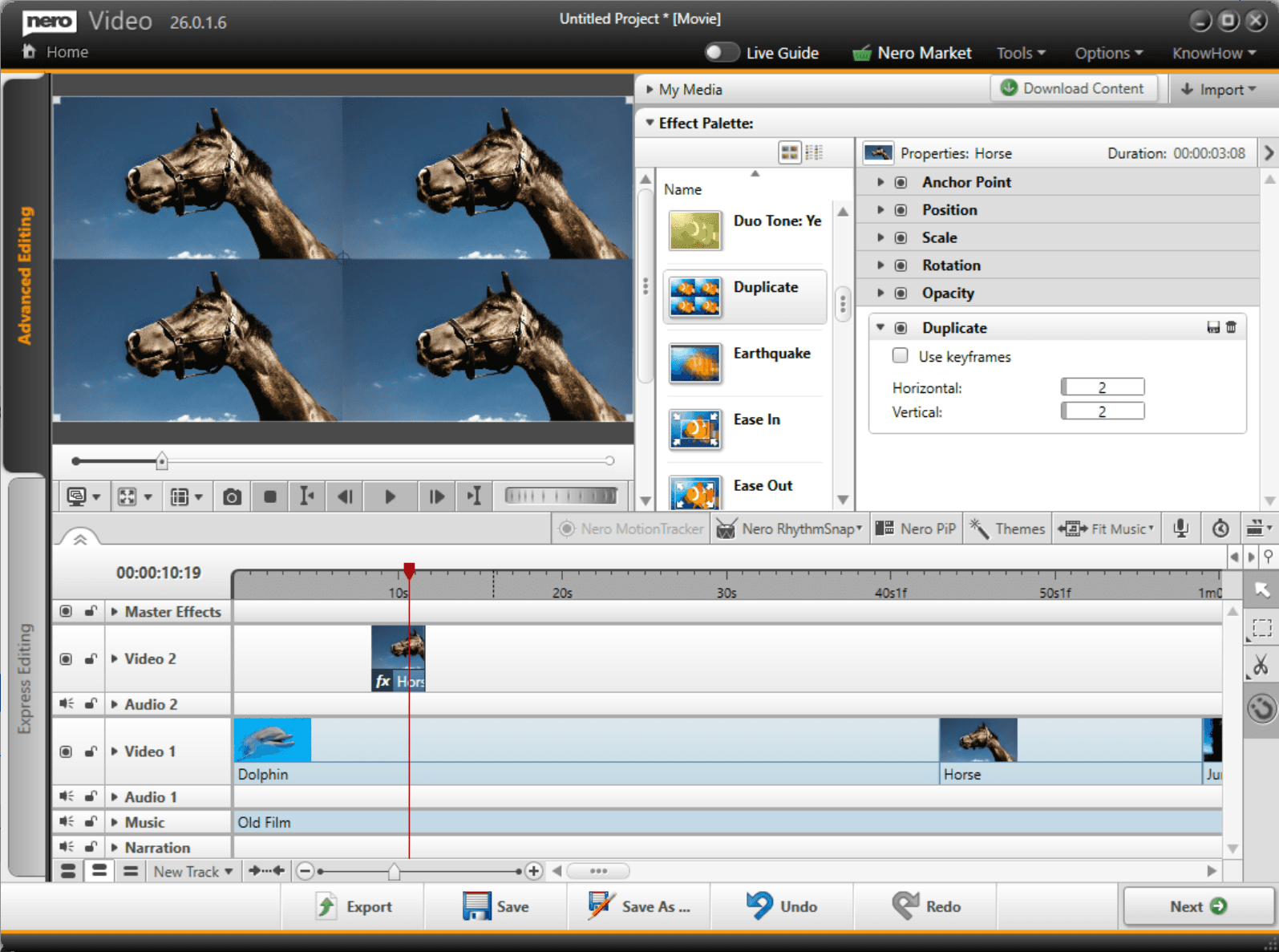 Nero Video Advanced Editing с многодорожечным таймлайном, палитрой эффектов и панелью свойств