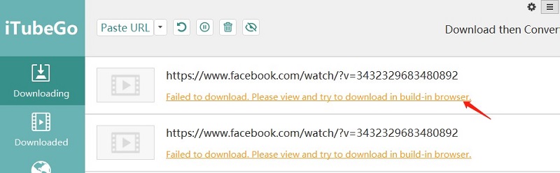Сообщение iTubeGo о неудачной загрузке и переходе во встроенный браузер