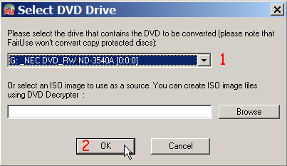 Экран FairUse Wizard 2.5 для выбора DVD-привода или ISO-образа