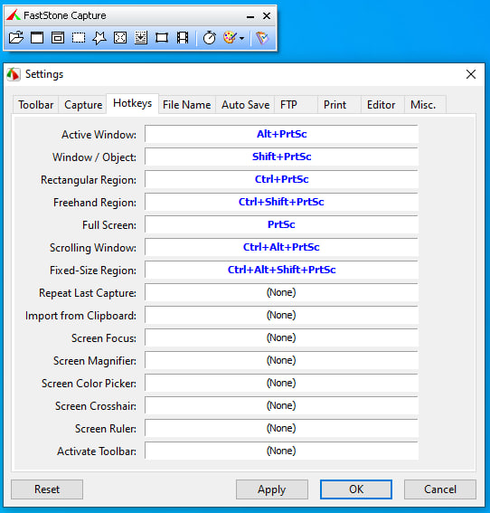 Окно Settings FastStone Capture на вкладке Hotkeys с сочетаниями для разных видов захвата