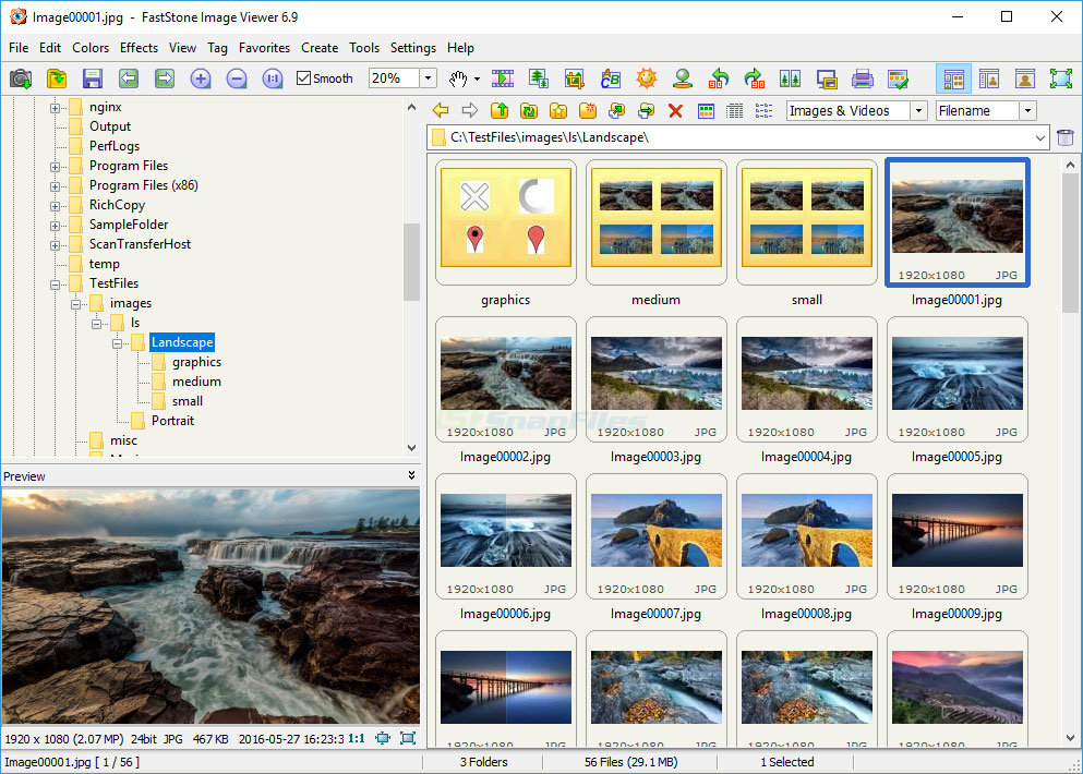 Основное окно FastStone Image Viewer с деревом папок, миниатюрами и панелью предпросмотра