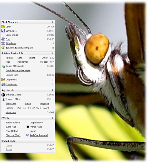 Полноэкранный просмотр FastStone Image Viewer с выдвижной панелью редактирования слева