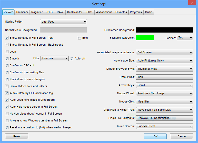 Окно Settings FastStone Image Viewer с вкладками Viewer Thumbnail Magnifier JPEG RAW и Dual Monitor
