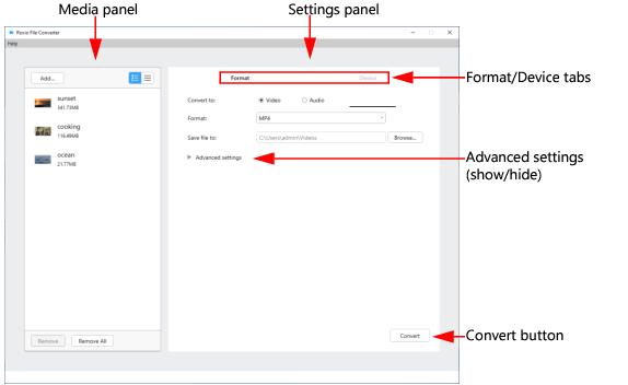 Интерфейс Roxio File Converter с медиапанелью и настройками формата