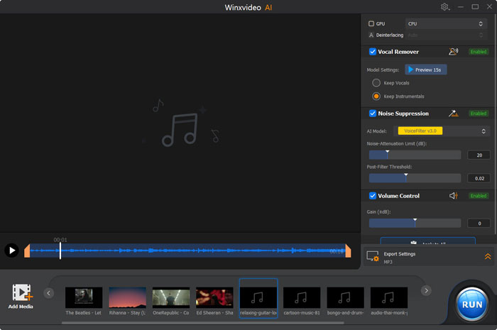 Модуль Audio AI в Winxvideo AI с Vocal Remover и Noise Suppression