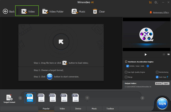 Рабочее окно Video Converter в Winxvideo AI с профилями, аппаратным ускорением и кнопкой RUN