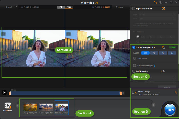 Окно Video AI в Winxvideo AI с настройками Frame Interpolation