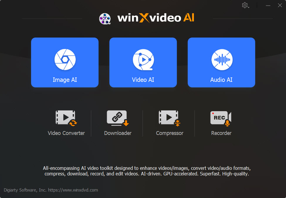 Главное окно Winxvideo AI с модулями Image AI, Video AI, Audio AI, Video Converter, Downloader, Compressor и Recorder