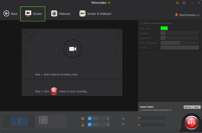 Окно Recorder в Winxvideo AI с режимами Screen, Webcam и Screen & Webcam