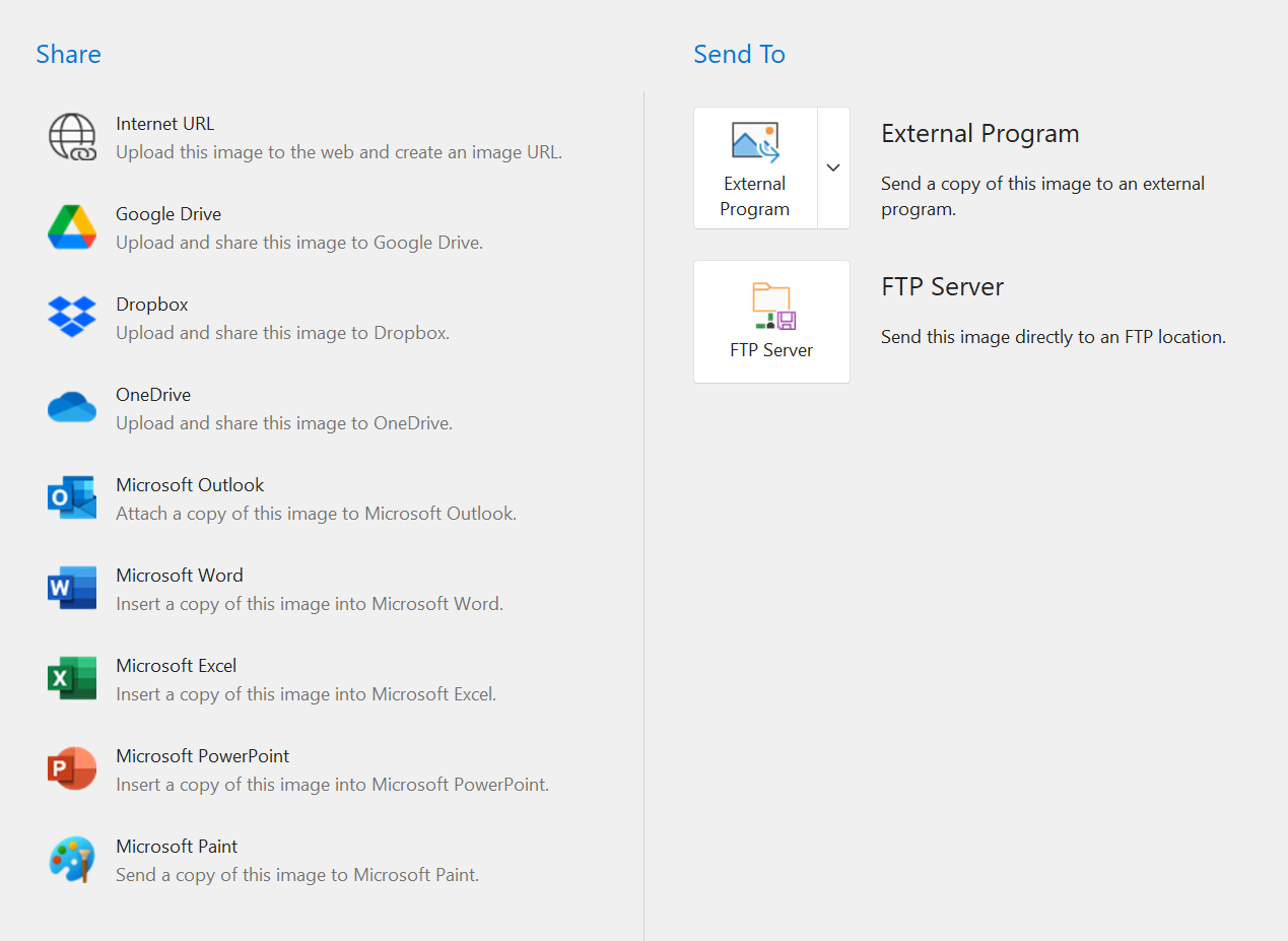 Вкладка Share PicPick с Google Drive, Dropbox, OneDrive, Outlook, Word, Excel, PowerPoint, Paint и FTP