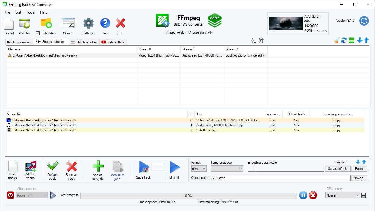 Вкладка Stream multiplex FFmpeg Batch AV Converter со списком видео, аудио и субтитровых потоков