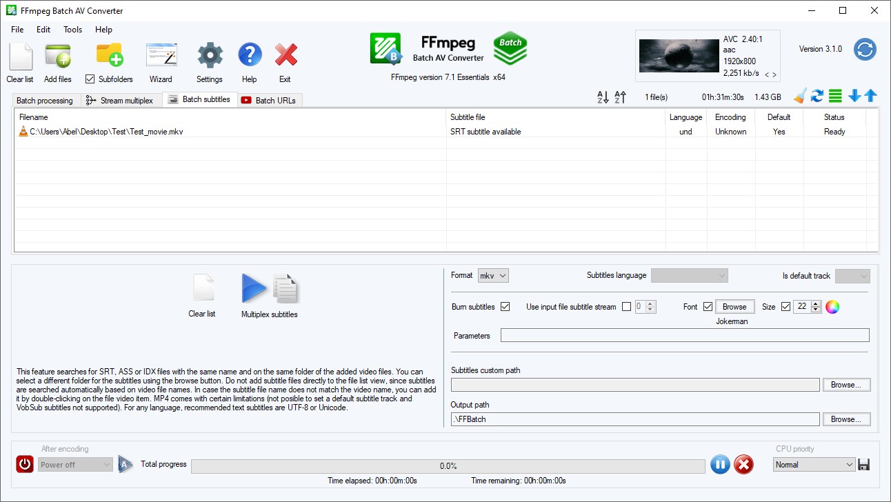 Вкладка Batch subtitles FFmpeg Batch AV Converter с параметрами дорожки и прожига субтитров