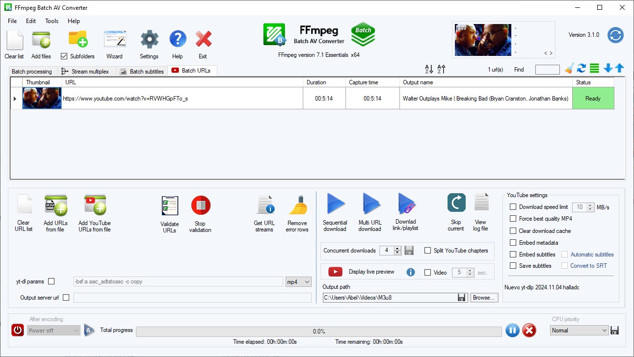 Вкладка Batch URLs FFmpeg Batch AV Converter с URL, параметрами yt-dlp и режимами последовательной и одновременной загрузки