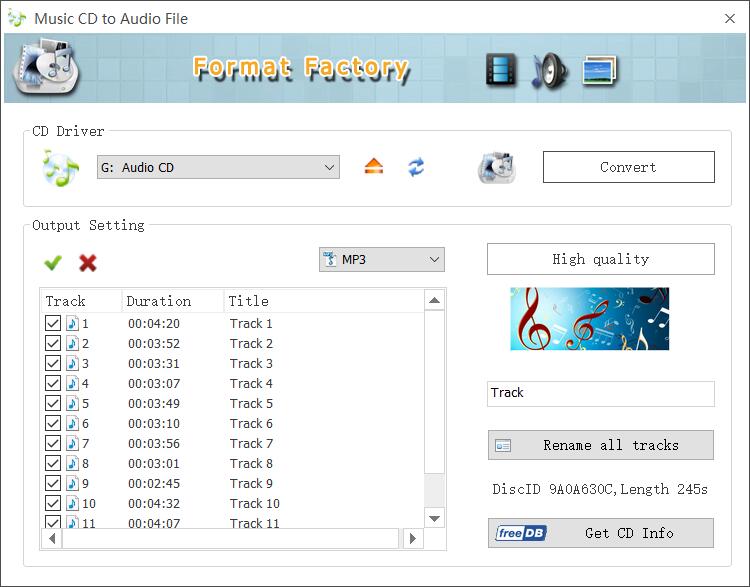 Окно извлечения аудиодорожек с CD в Format Factory