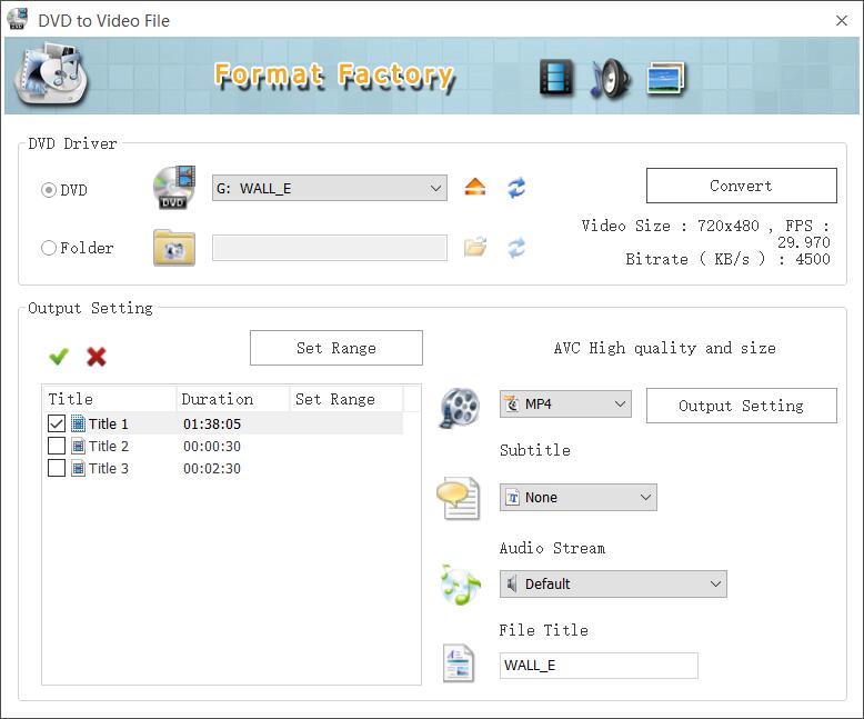 Окно DVD to Video File в Format Factory