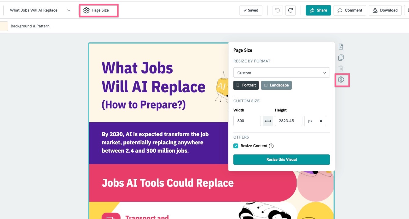 Окно изменения размера страницы в Piktochart Editor